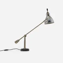 Table lamp by Édouard-Wilfred Buquet, c. 1925, nickel-plated brass, aluminum, lacquered wood, composite, sold Mar 2026