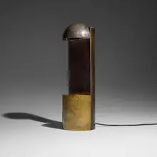 Serge Manzon, Table lamp, c. 1970, stained wood, brass