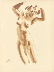 Georg Kolbe, Stehender Akt mit erhobenen Armen, Um 1920, Tuschpinsel und Rohrfeder auf Papier (aus einem Zeichenblock)