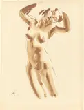 Georg Kolbe, Stehender Akt mit erhobenen Armen, Um 1920, Tuschpinsel und Rohrfeder auf Papier (aus einem Zeichenblock)