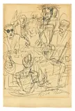 Max Beckmann, Skizze zu dem Gemälde „Baccarat, 1947, Tuschfeder auf Papier (Rückseite eines bedruckten Papiers des Hotels Westminster, Nizza)