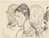 Max Beckmann, Verwundete – Vier männliche Porträtköpfe, 1915, Bleistift, Kreide und Pinsel in Braungrau auf Papier