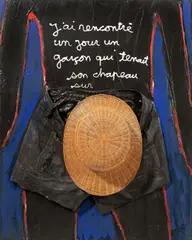 Ben Vautier, J'ai rencontré un jour un garçon qui tenait son chapeau sur son sexe, 1985, Lederhose, Strohhut, Silikonobjekt und Acryl auf Leinwand