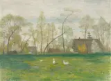 Otto Modersohn, Frühling an der Wümme mit Gänsen, 1939, Öl auf Leinwand