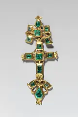 Spanien, Smaragdkreuz, Um 1680, Kolonialgold, 14 Smaragde / Futteral wohl 19. Jahrhundert
