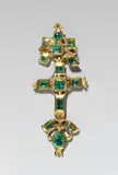 Spanien, Smaragdkreuz, Um 1680, Kolonialgold, 14 Smaragde / Futteral wohl 19. Jahrhundert