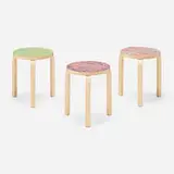 ColoRing Special Edition L-leg stools model 60, set of three by Alvar Aalto and Jo Nagasaka, 1933 / 2019, lacquer, birch, sold May 2025