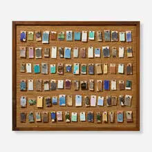 Rose Cabat, Framed collection of ninety glaze samples, 1970-90, glazed stoneware, terracotta and porcelain