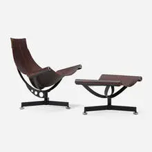 Max Gottschalk, Sling chair and ottoman, c. 1965, leather, enameled steel, aluminum