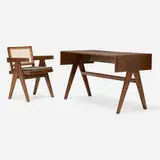 Desk and chair from Chandigarh by Pierre Jeanneret, teak, leather, cane, upholstery, aluminum, sold May 2025