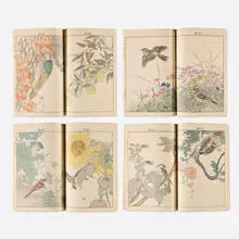 Keinen Kacho Gafu (The Four Seasons, Bird and Flower Album) by Imao Keinen, 1891-92, bound woodblock prints in colors, bone, sold May 2025