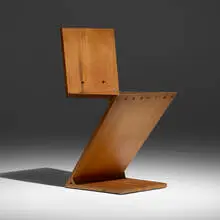 Zig-Zag chair by Gerrit Rietveld, elm, brass, sold May 2025
