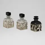 Collection of three perfume bottles by Karl Hagenauer, c. 1930, glass, nickel-plated brass, sold Sep 2025