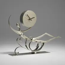 Franz Hagenauer, Rare figural clock, c. 1970, nickel-plated brass, enameled metal