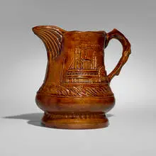Reproduction steamboat pitcher by George E. Ohr, 1975, glazed earthenware, sold Aug 2025