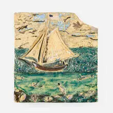 Tile with sailboats by George E. Ohr, glazed earthenware, sold Aug 2025