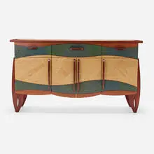 Mark Del Guidice, Custom cabinet, 2021, bubinga, block mottled anigre, milk paint