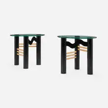 Rick Sherman, Occasional tables, pair, 1992, lacquered wood, maple, glass