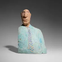 Jill Crowley, Man with Blue Shirt, c. 1980, oxidized stoneware painted with coloured slips