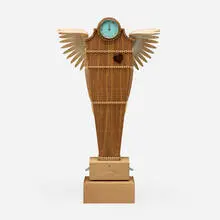 Stephen Smith Daniell, Le Vol du Temps clock, c. 1993, curly maple, white oak, patinated copper, brass