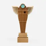 Stephen Smith Daniell, Le Vol du Temps clock, c. 1993, curly maple, white oak, patinated copper, brass
