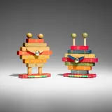Ettore Sottsass, Rare building block toy clocks, set of two, c. 1965, dyed wood, gold leaf, stainless steel, plastic