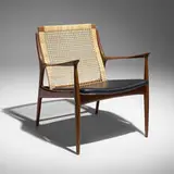 Ib Kofod-Larsen, Lounge chair, model 18-15, c. 1960, beech, cane, leather upholstery, brass