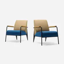 Jean Prouvé, Fauteuil de Salon chairs, pair, enameled metal, upholstery, oak