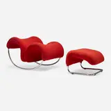 Møre Designteam, Ecco 01 rocker and ottoman, 1970 / 1971, chrome-plated steel, upholstery