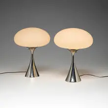 Richard Barr, Mushroom table lamps, pair, aluminum, frosted glass