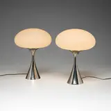 Richard Barr, Mushroom table lamps, pair, aluminum, frosted glass