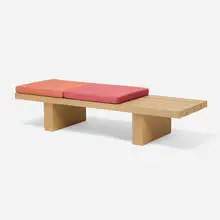 Peter Marino, Bench from Maison Louis Vuitton, Costa Mesa, California, c. 2020, upholstered cushions, oak