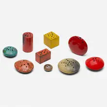 Collection of nine vessels by Renato Bassoli, c. 1960, glazed earthenware, sold Feb 2026
