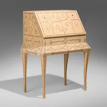 Judy Kensley McKie, Writing desk, 2004, basswood, blackened iron tacks, vinyl