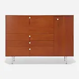 Thin Edge secretary cabinet, model 5733 by George Nelson & Associates, teak, aluminum, enameled steel, Naugahyde, sold Feb 2026