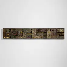 Paul Evans, Monumental and Rare wall-mounted sculptural front panel, 1965, welded, gilt and polychromed steel, 23k gold leaf