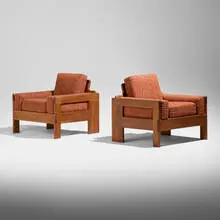 Arthur Espenet Carpenter, Lounge chairs, pair, 1965, walnut, upholstery, rubber webbing