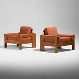 Arthur Espenet Carpenter, Lounge chairs, pair, 1965, walnut, upholstery, rubber webbing