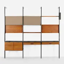 George Nelson & Associates, CSS (Comprehensive Shelving System), 1959, enameled and brushed aluminum, walnut veneer, laminate, fabric