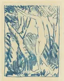 Otto Mueller, Zwischen Bäumen stehendes Mädchen, 1924, Beidseitige Lithografie, jeweils in Blau, auf Bütten