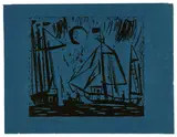 Lyonel Feininger, Segelboote (mit Mond), 1919, Holzschnitt auf dunkelblauem Seidenpapier