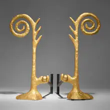 Gene Summers, A andirons, pair, 1988, cast and patinated bronze, enameled steel