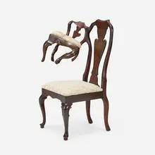 Joy Umali, Conjoined chair, 2010, found chair, mahogany, screenprinted upholstery