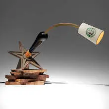 Garry Knox Bennett, Starbucks Spirits table lamp, 2010, claro walnut, steel, brass, glass, screenprint on porcelain