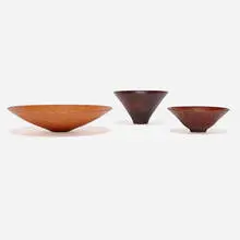 Collection of three bowls by Bob Stocksdale, 1989-1993, desert ironwood, lacewood, Australian grass tree, sold Mar 2025