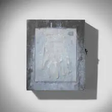 Howard Meister, Touble at Home wall-hanging cabinet, 1995, lead, silicone, latex