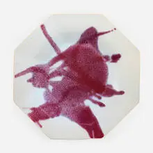 Brother Thomas Bezanson, Large octagonal plate, c. 1980, opalescent celadon and copper red-glazed porcelain