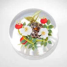 Paul Stankard, Botanical paperweight with honeybee, 1993, lampworked glass, polished clear glass