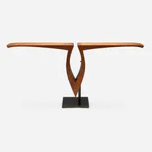 David Orth, V console table, c. 2005, cherry, patinated steel, found iron objects