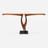 David Orth, V console table, c. 2005, cherry, patinated steel, found iron objects